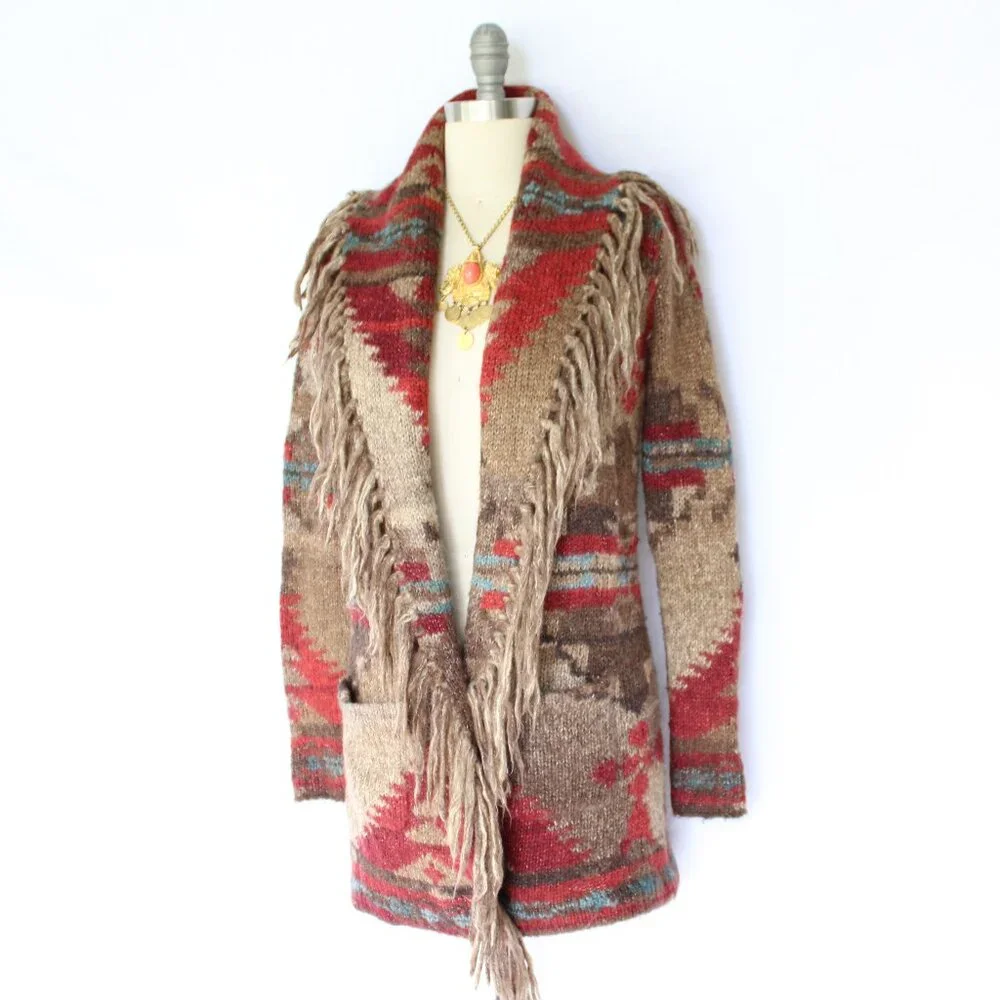 SOLD. RALPH LAUREN Denim Supply fringe polo RRL wool Aztec tribal Cardigan - Picture 2 of 10